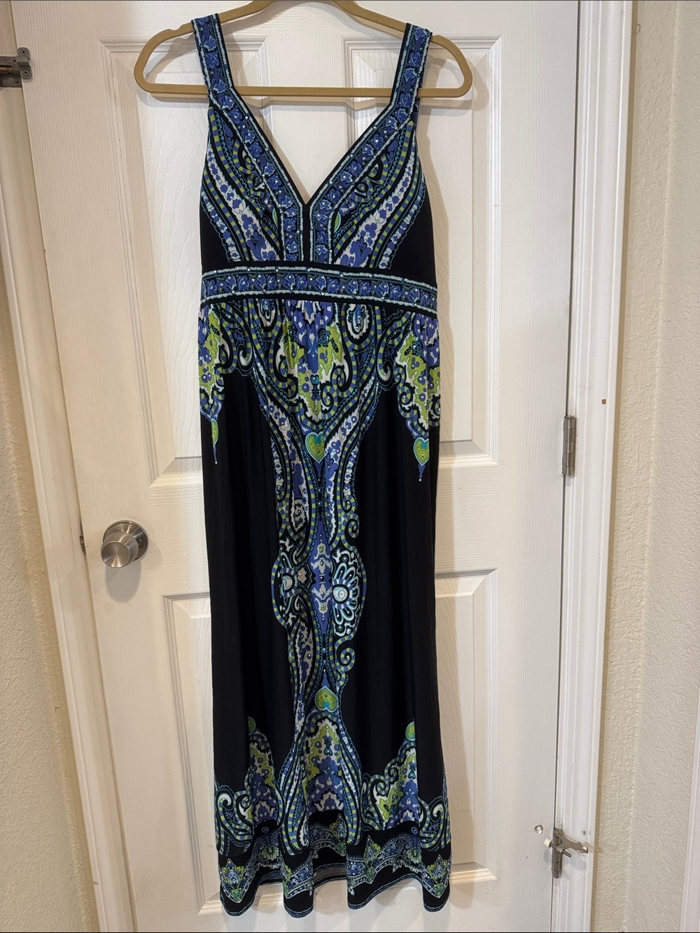 INC International Concepts Black Maxi Dress with Blue and Green Paisley